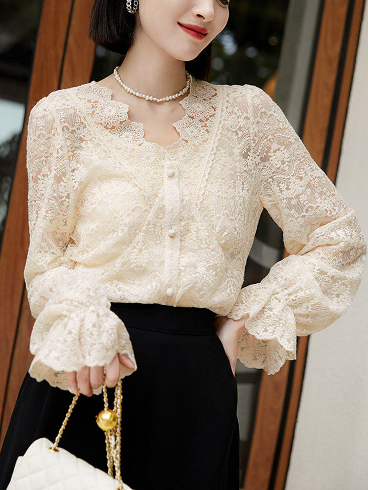 Khloe Elegant V-Neck Lantern Sleeve Lace Top