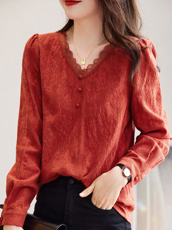 Brianna Retro V-neck Lace Collar shirt