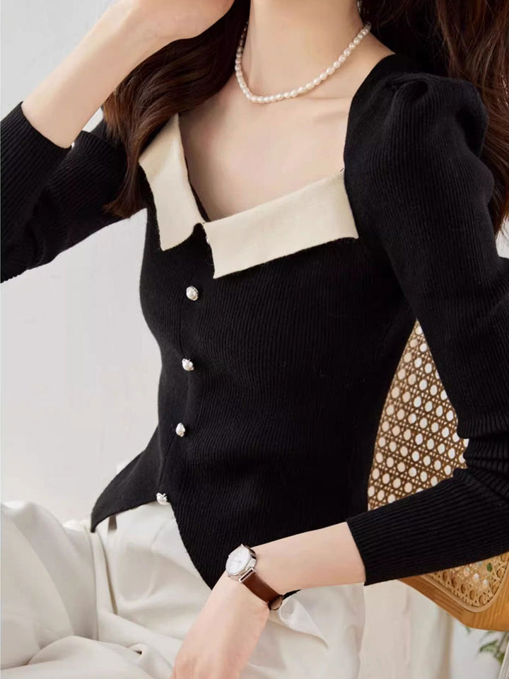 Jessica Retro Color Block Knitted Sweater-Apricot