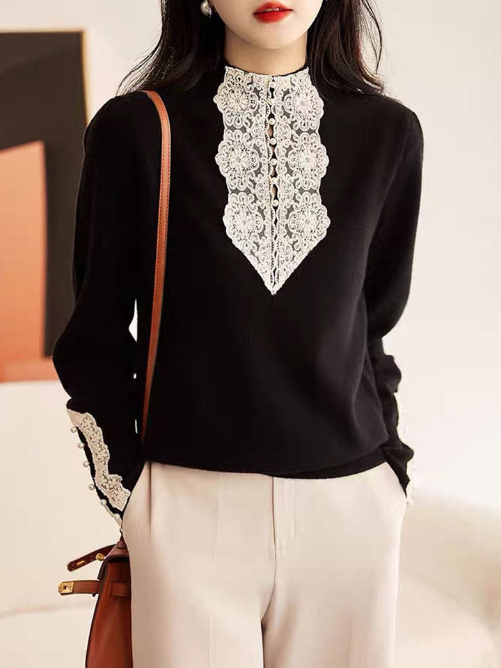 Olivia Retro Turtleneck Hollowed Lace Knitted Sweater