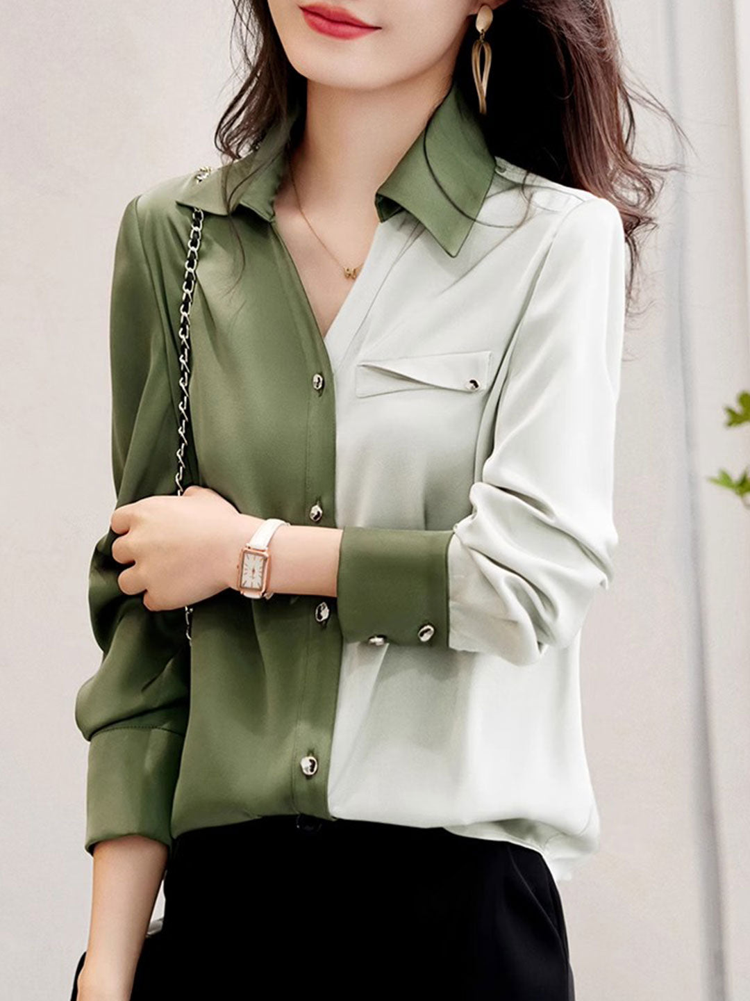 Lauren Classic Contrasted Color Paneled Chiffon Shirt