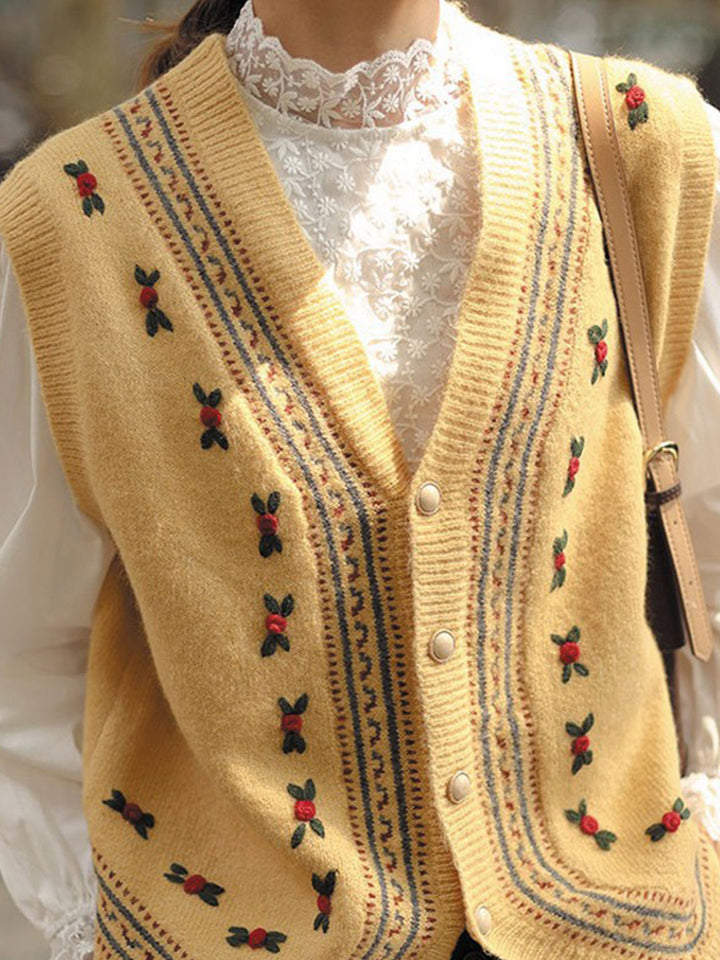 Alani Vintage Embroidery V-Neck Knitted Vest-Yellow