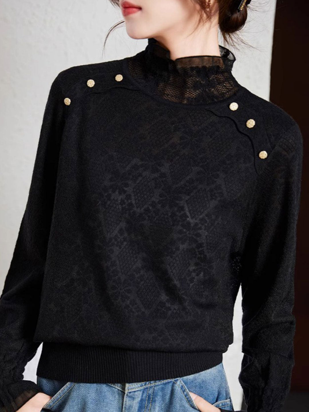 Mia Retro Turtleneck Lace Knitted Top