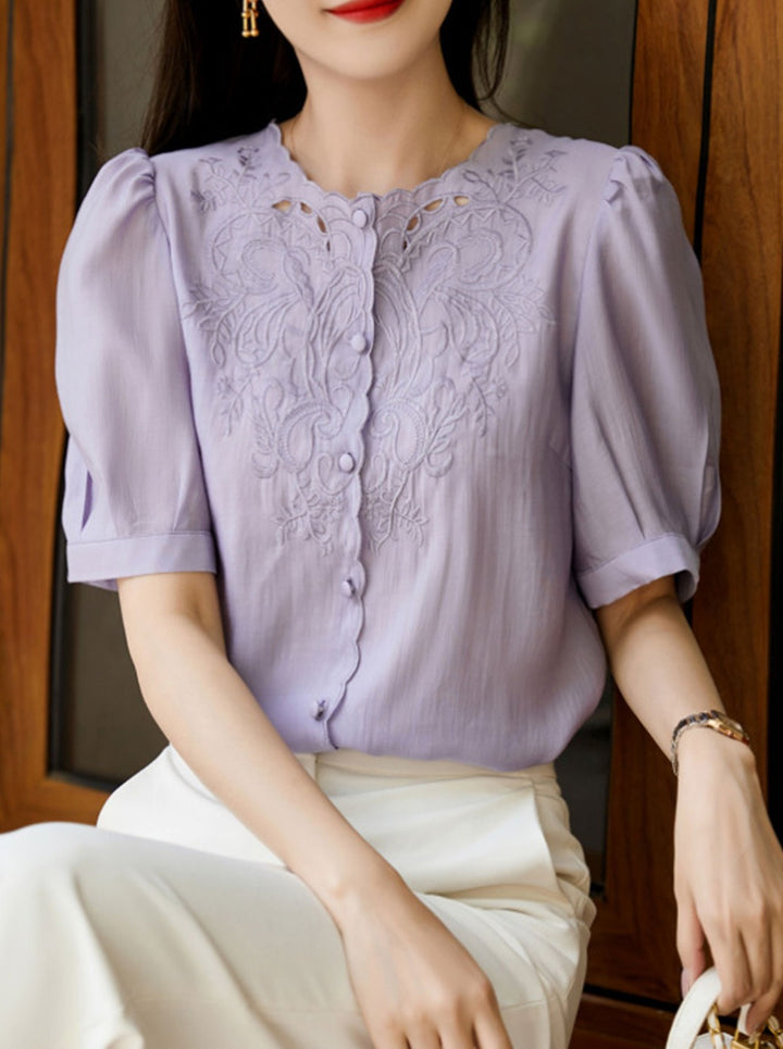 Trinity Retro Embroidered Hollowed Shirt-Purple