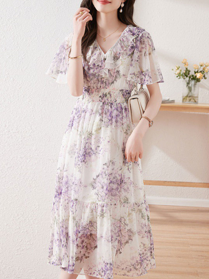 Valeria Retro Waisted Floral Chiffon Dress