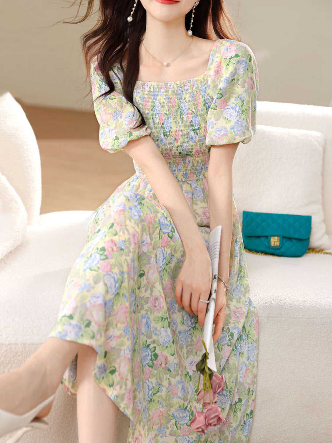 Sophia Retro Puff Sleeve Floral Dress