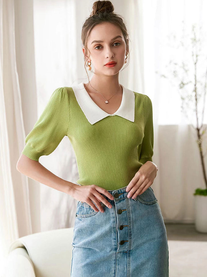 Alexis Retro Lapel Puff Sleeve Knitted Tops-Yellow