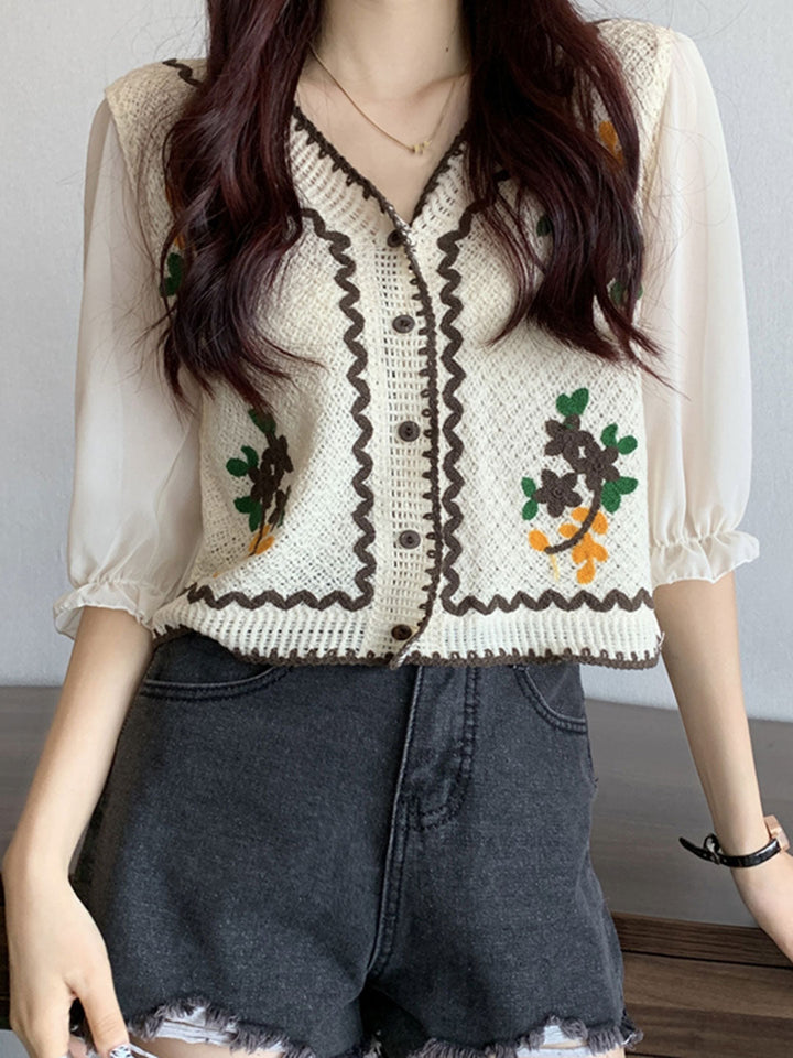 Ava Casual Puff Sleeve Embroidered Hollow Top-Coffee