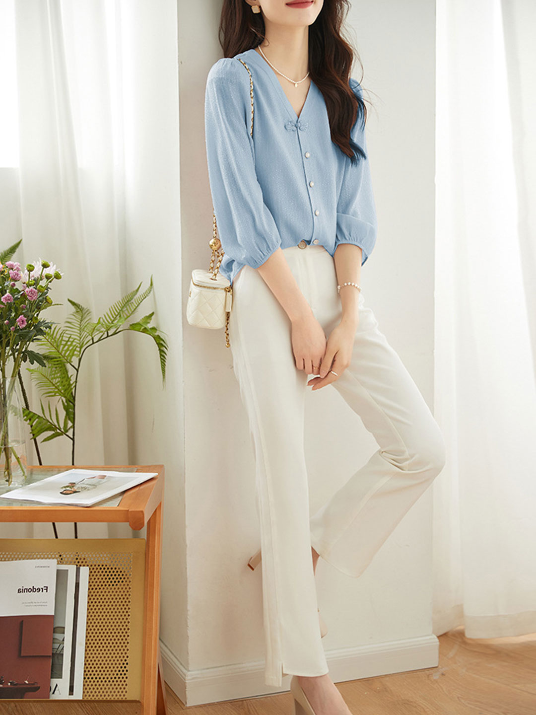 Camila Elegant Puff Sleeve Chiffon Blouse-Blue