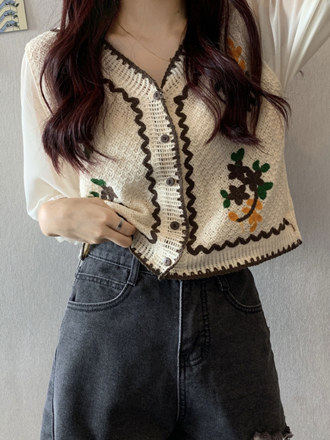 Ava Casual Puff Sleeve Embroidered Hollow Top-Coffee