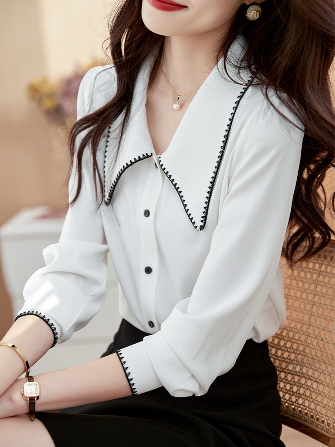 Elva Casual Doll Collar Blouse-White