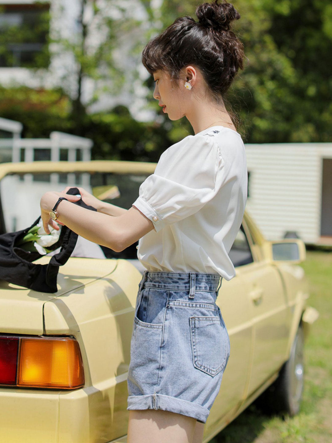 Alexis Retro Embroidered Collar Shirt Top-White