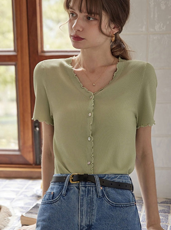 Retro V Neck Knit  T-shirt-Green