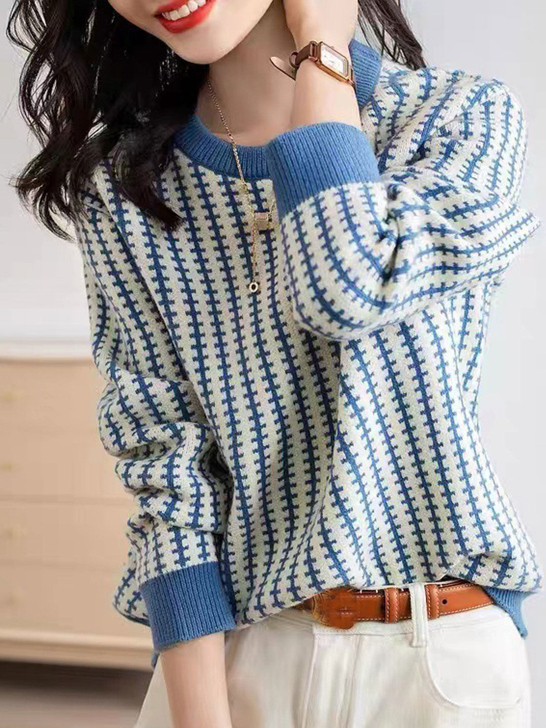 Emma Casual Plaid Patchwork Knitted Sweater