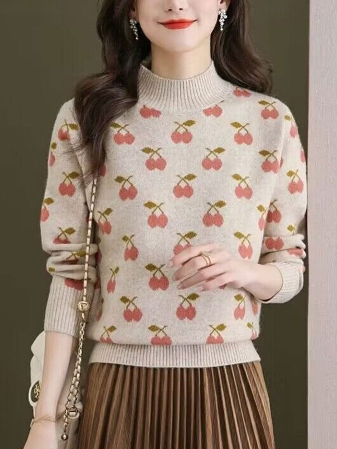 Abigail Retro Turtleneck Jacquard Knitted Pullover Sweater