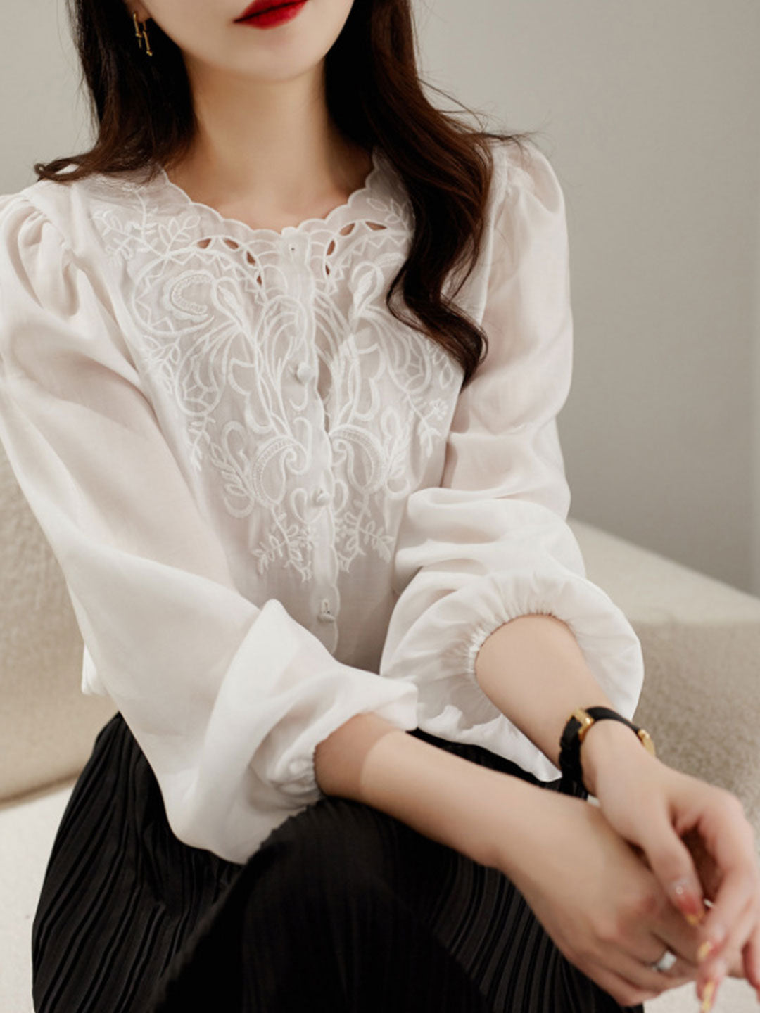 Jocelyn Elegant Embroidered Lantern Sleeve Shirt-White