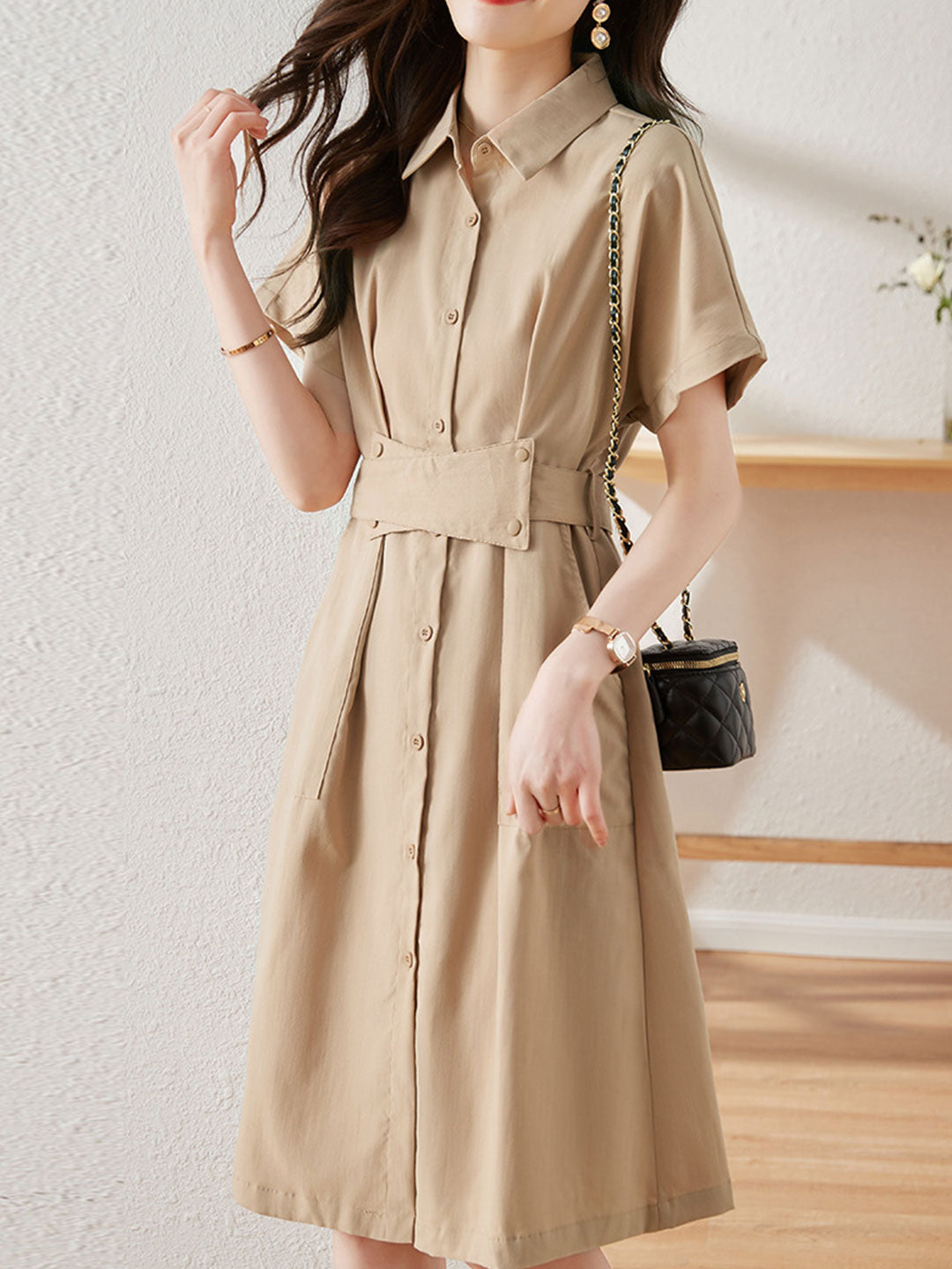 Andrea Retro Waisted Paneled Shirt Dress