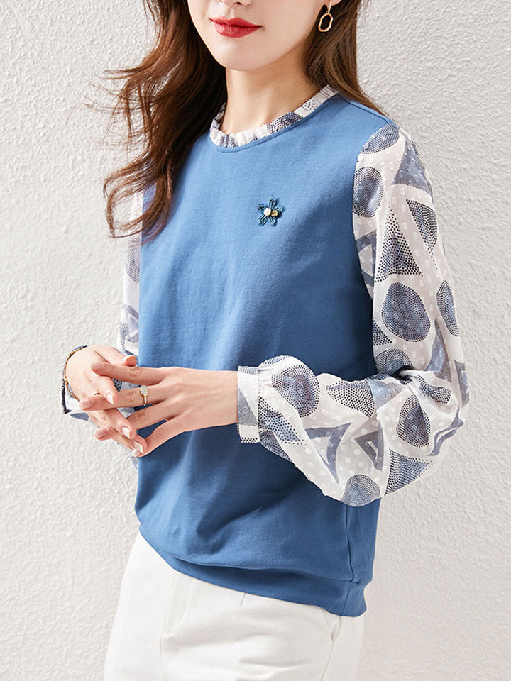 Riley Loose Polka Dot Printed Sleeve Patchwork Top