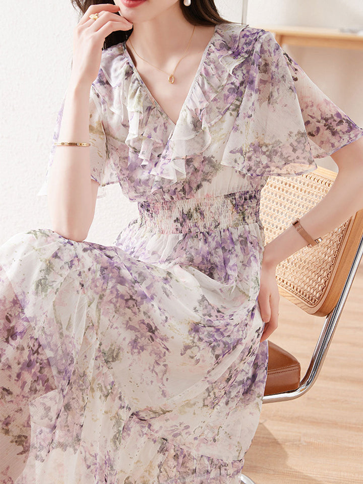 Valeria Retro Waisted Floral Chiffon Dress