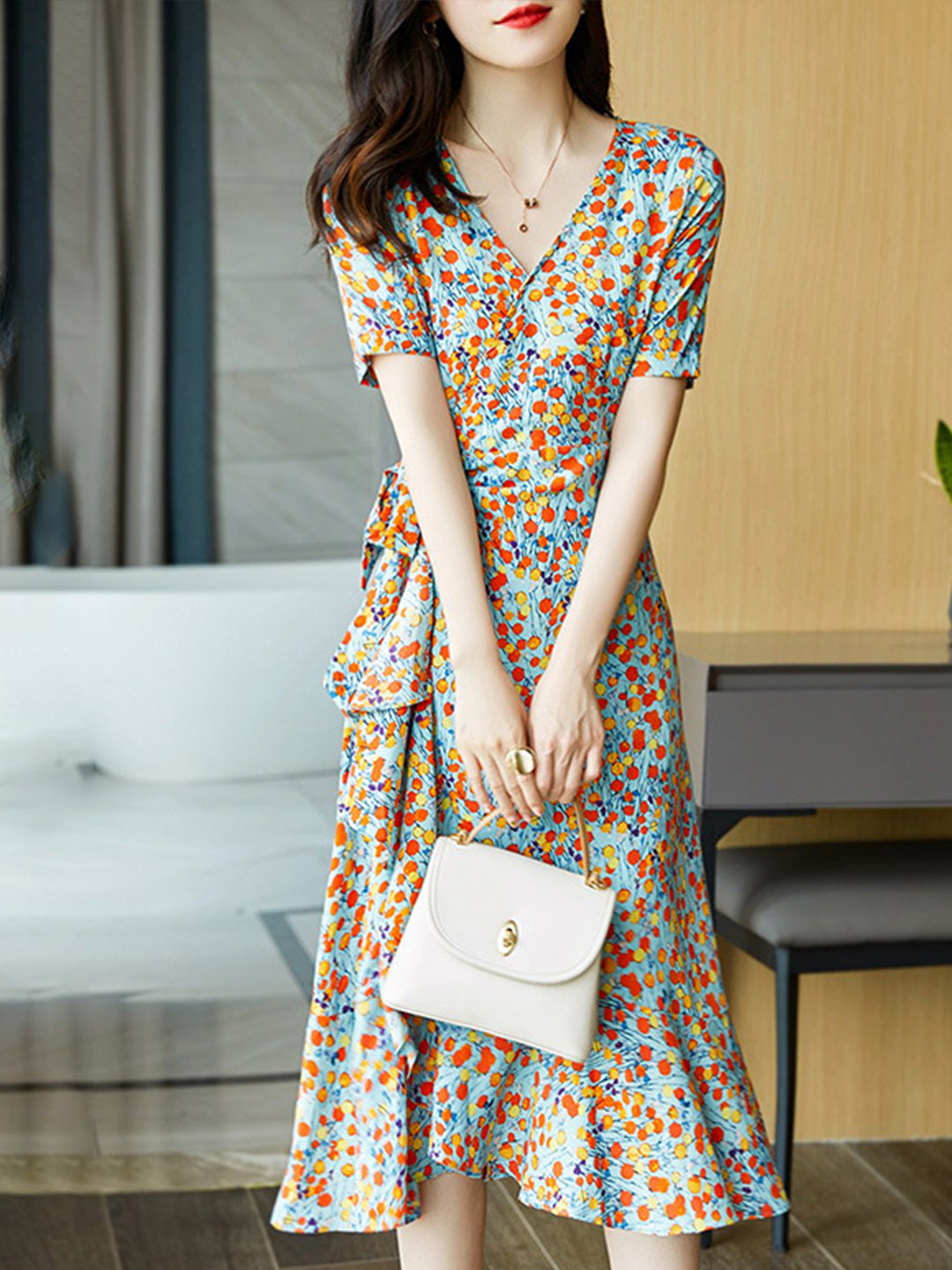 Ava Retro Irregular Floral Chiffon Dress