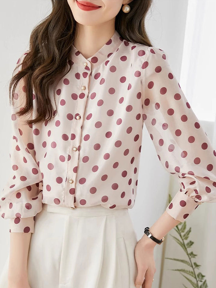 Alexis Retro Polka Dot Printed Chiffon Shirt-Blue