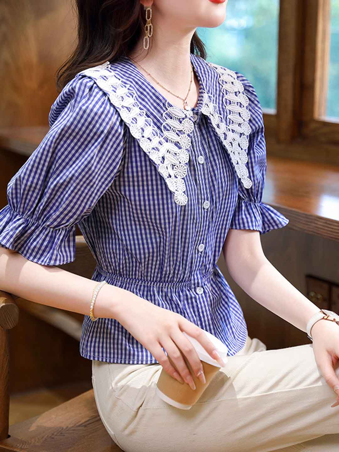 Alexis Retro Embroidered Peak Collar Top