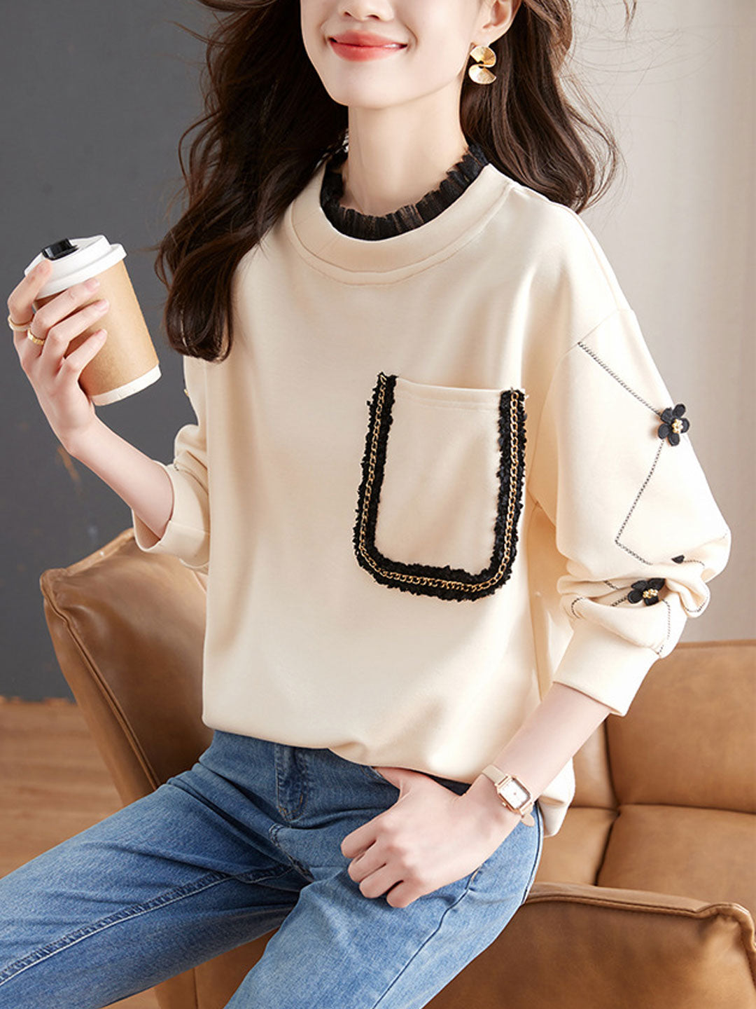 Olivia Casual Auricular Embroidered Sweatshirt