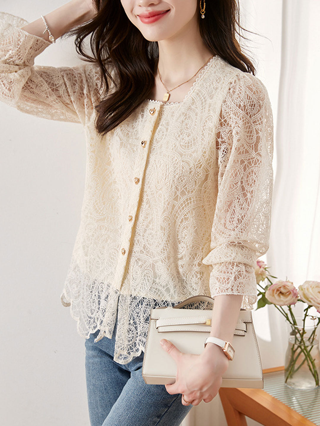 Sophia Retro Square Neck Lace Flare Sleeve Blouse