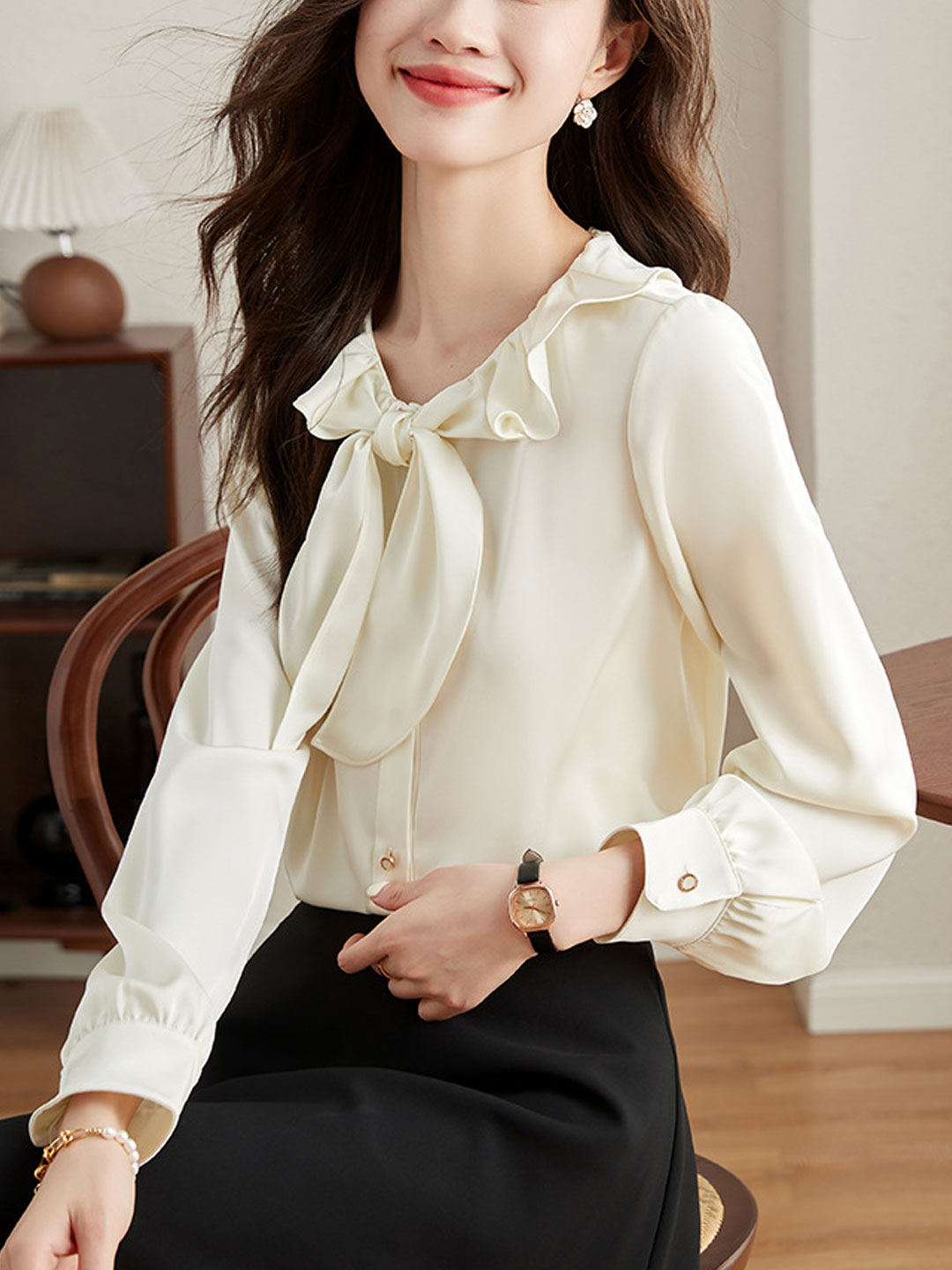 Ava Elegant Ruffle Collar And Ribbons Top