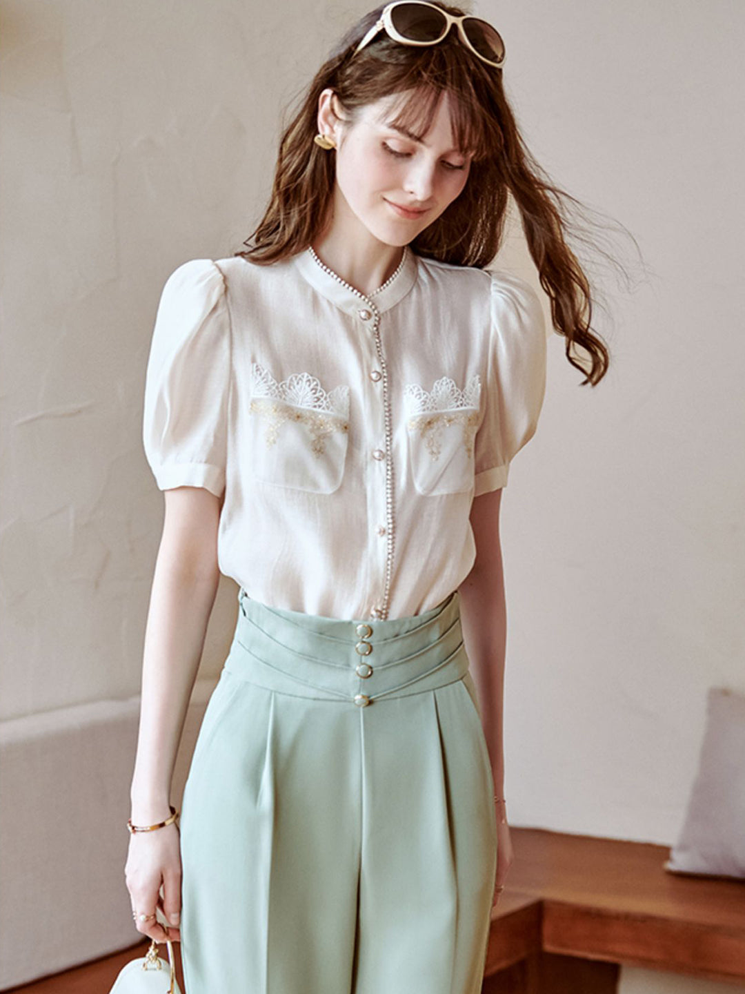 Sarah French Elegant Puff Sleeve Embroidered Blouse