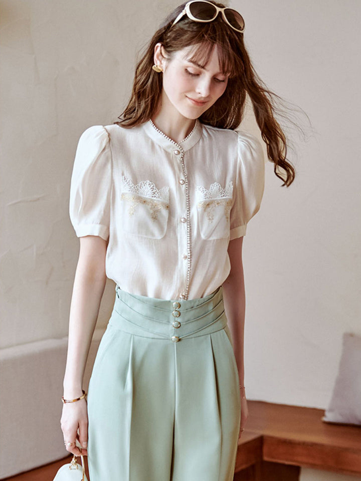 Sarah French Elegant Puff Sleeve Embroidered Blouse