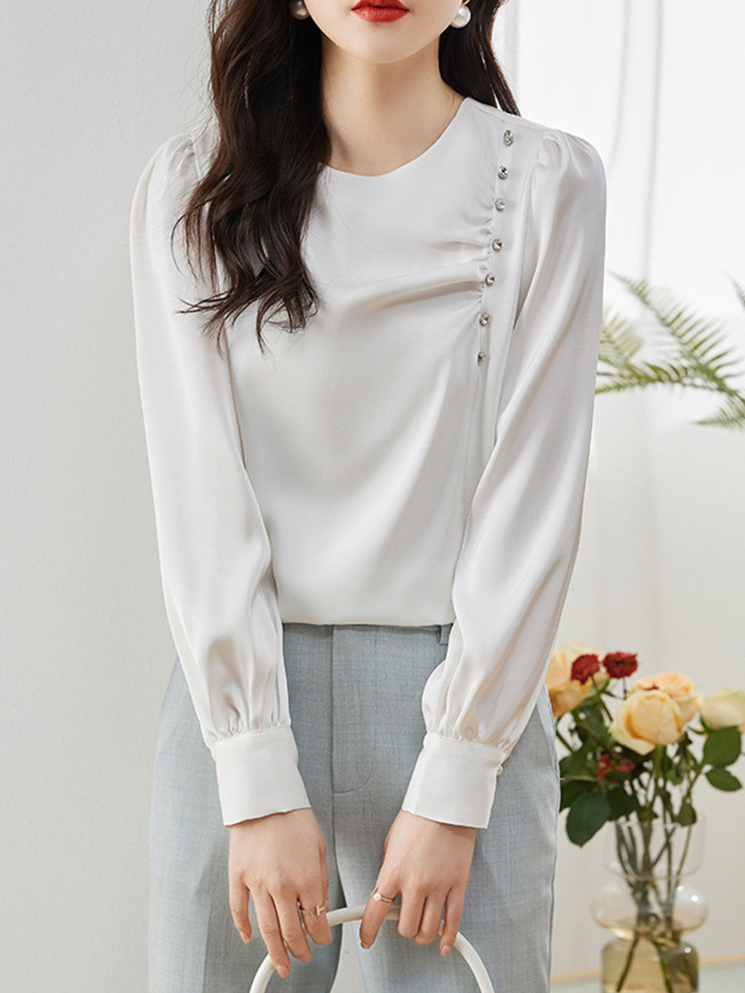 Mia Elegant Beaded Pleated Shirt