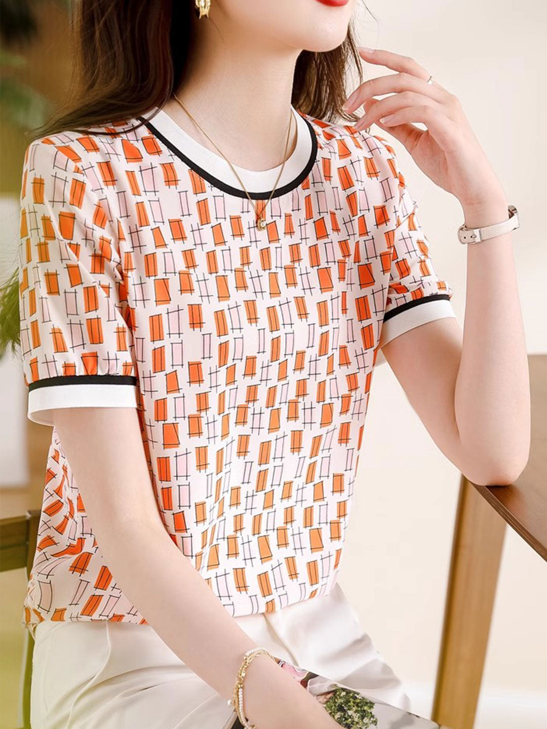 Ashley Casual Contrast Paneled Chiffon Top