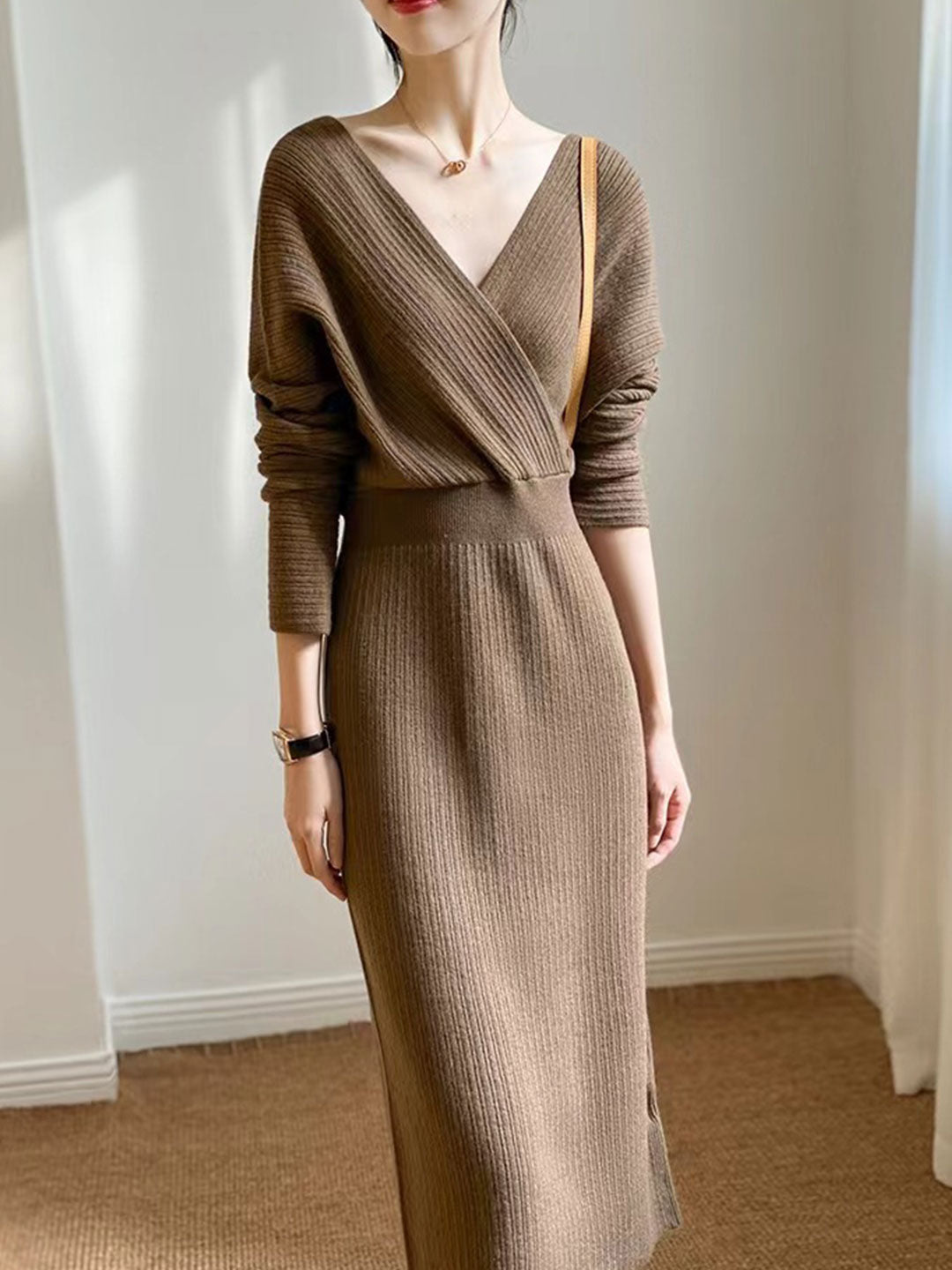 Grace Vintage V-neck Knitted Sweater Dress-Coffee