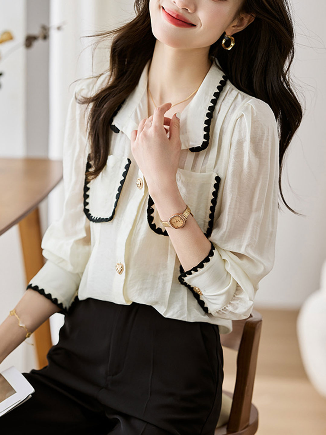 Sophia Retro Lapel Patchwork Shirt