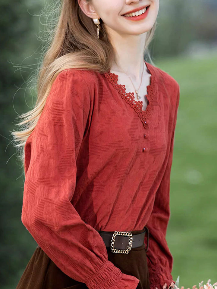 Brianna Retro V-neck Lace Collar Shirt