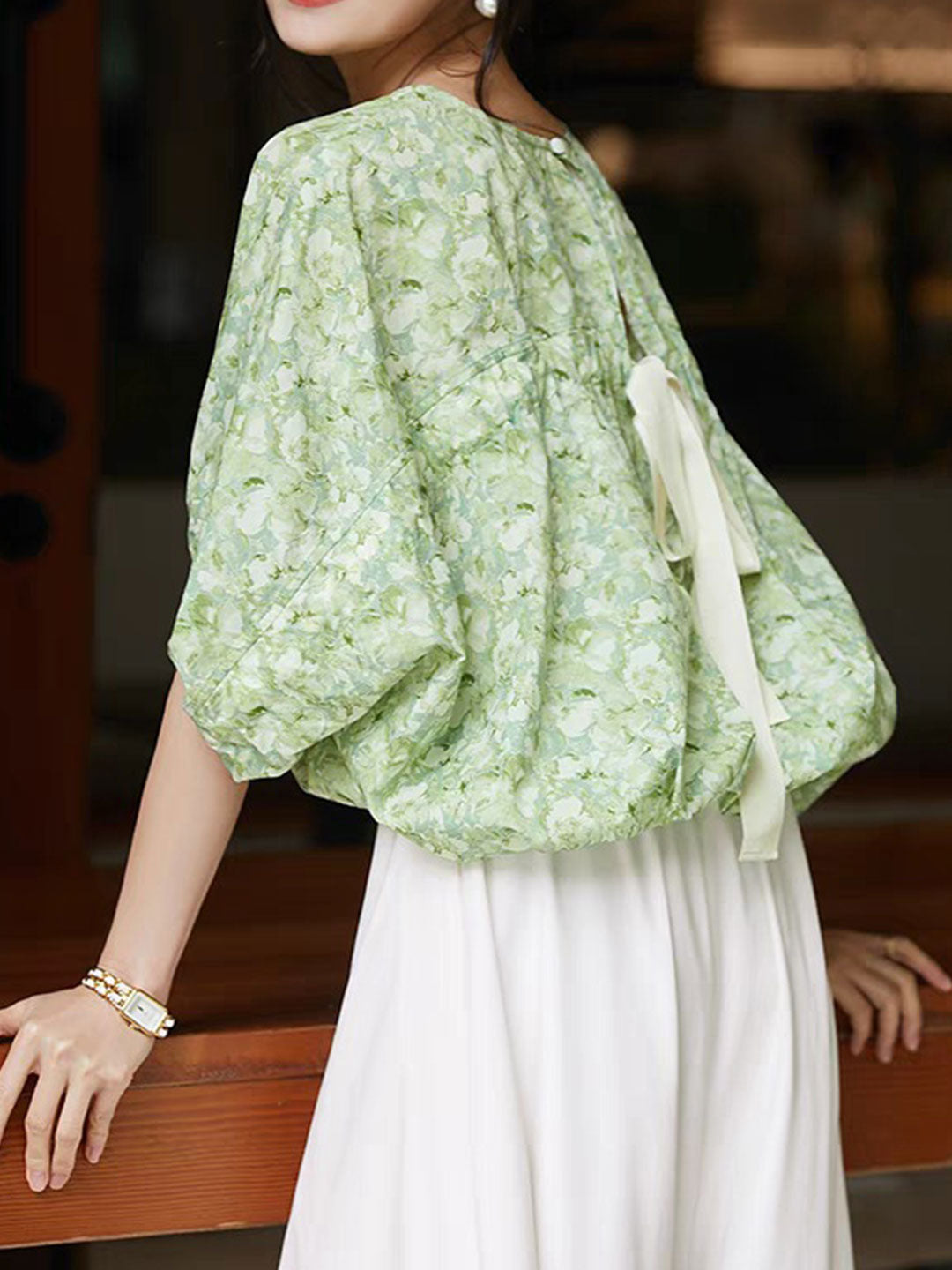 Maya Casual Back Bow Printed Blouse-Green