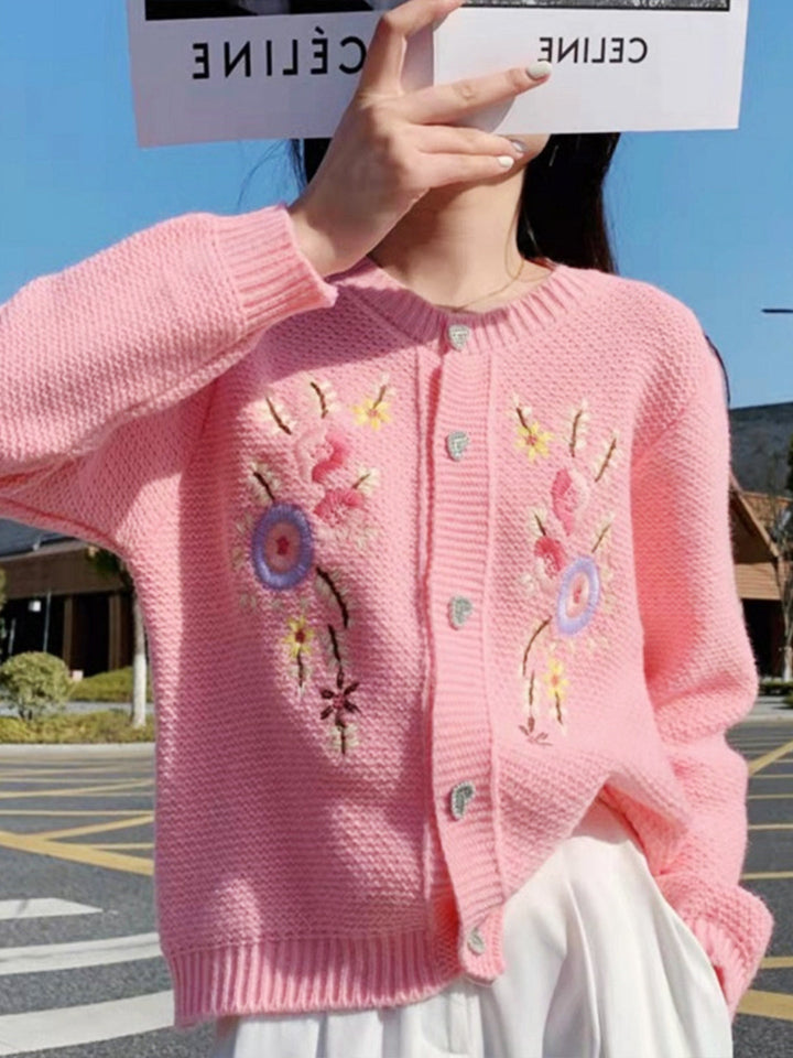 Hannah Casual Embroidery Floral Knitting Sweater-Pink