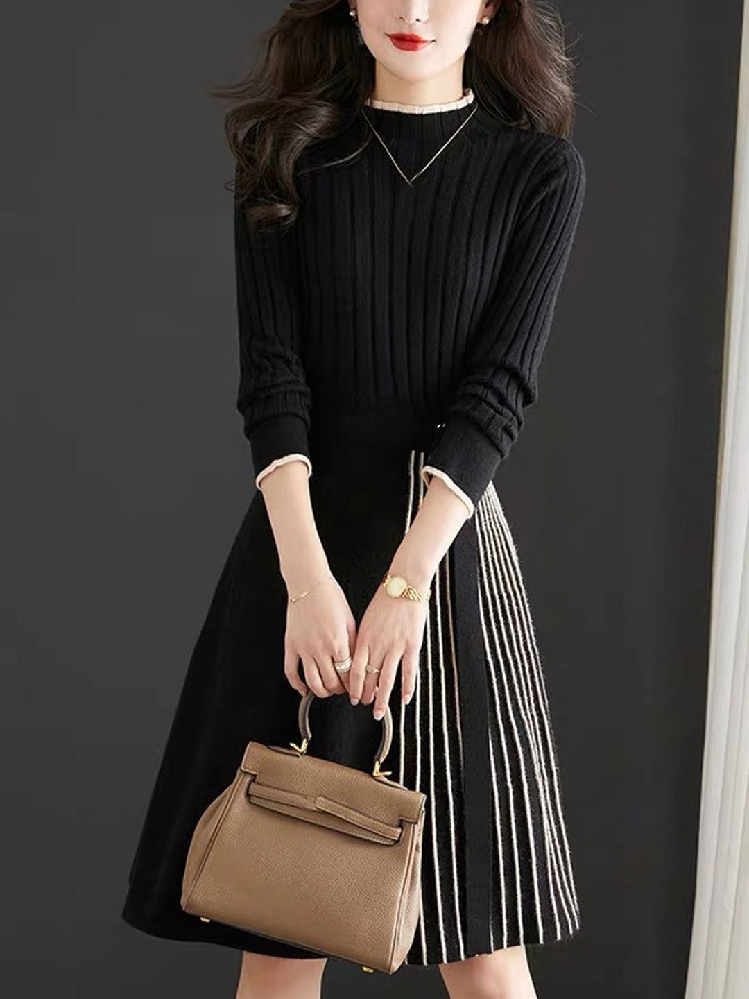 Natalie Elegant Turtleneck Knitted Pleated Dress