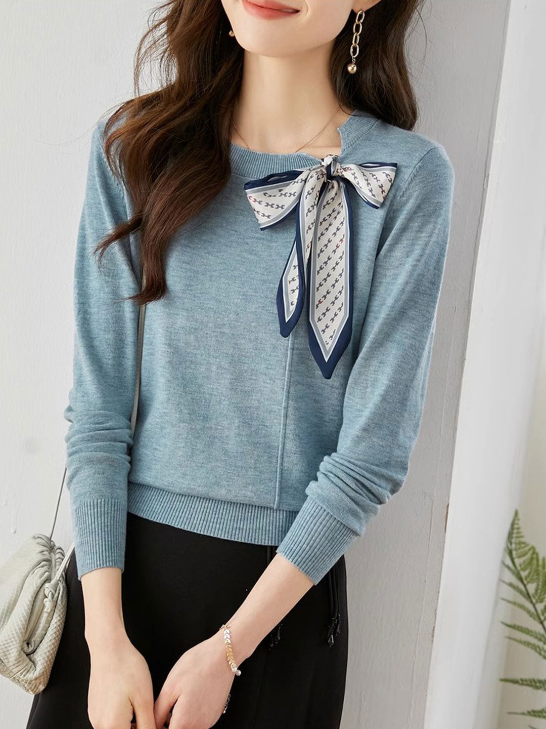 Lara Elegant Scarf Tie Knitted Sweater-Apricot