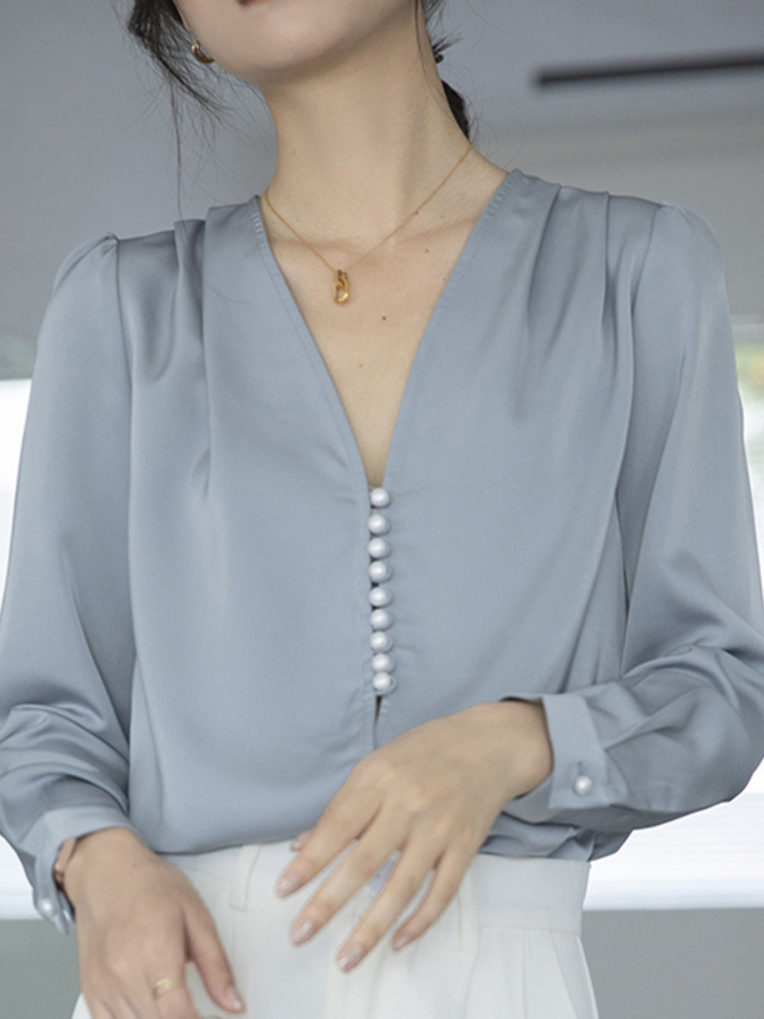 Gabrielle Button French V-neck Blouse