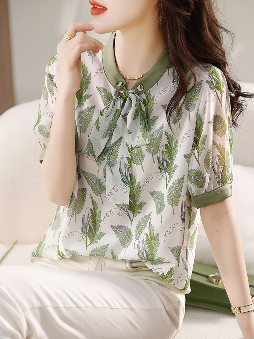 Emma Bow Tie Printed Chiffon Shirt