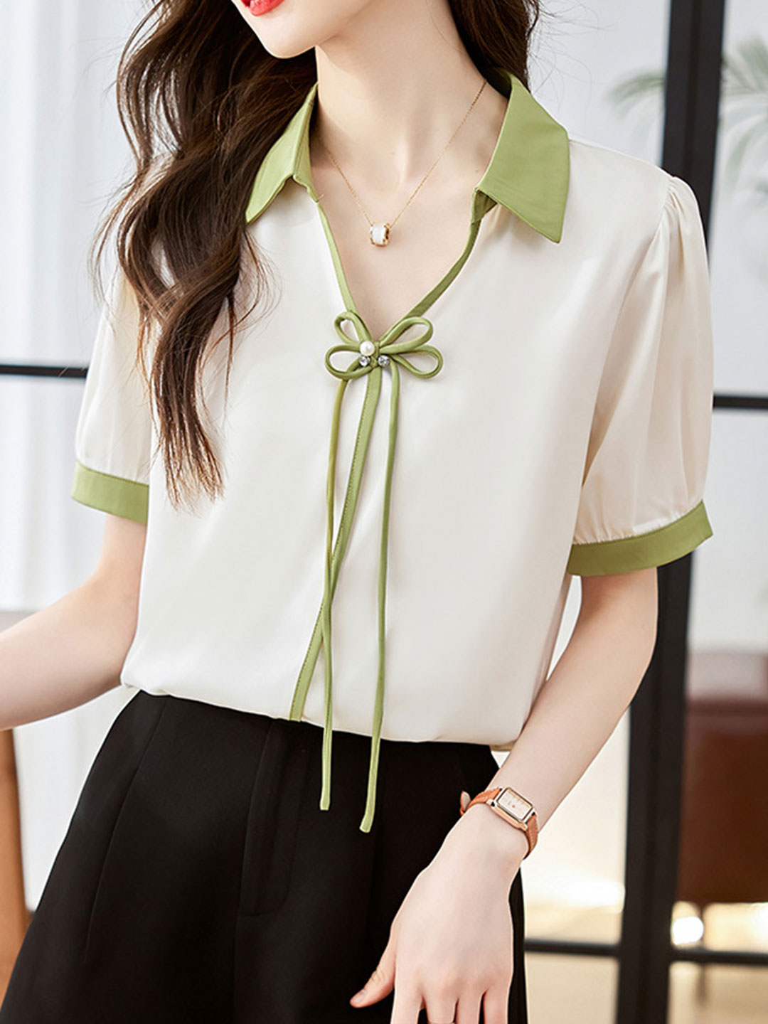 Lauren Casual Puff Sleeve Bow Shirt