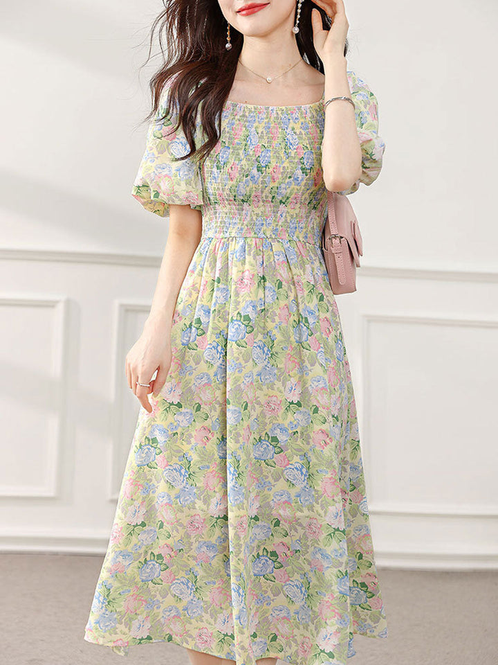 Sophia Retro Puff Sleeve Floral Dress