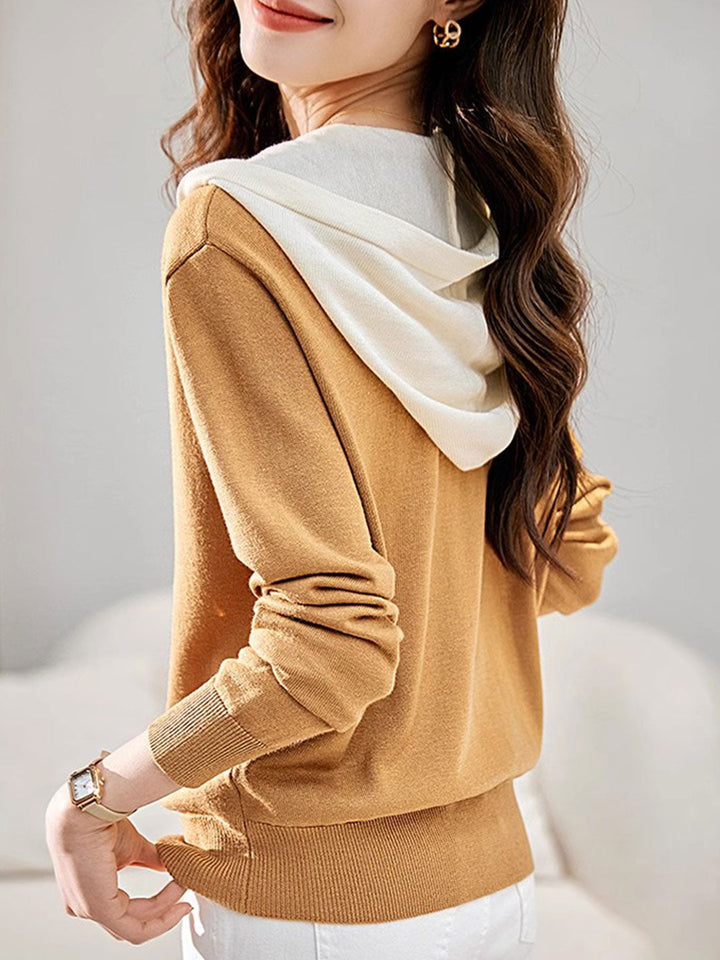 Ava Casual Hooded Knitted Sweater-Camel