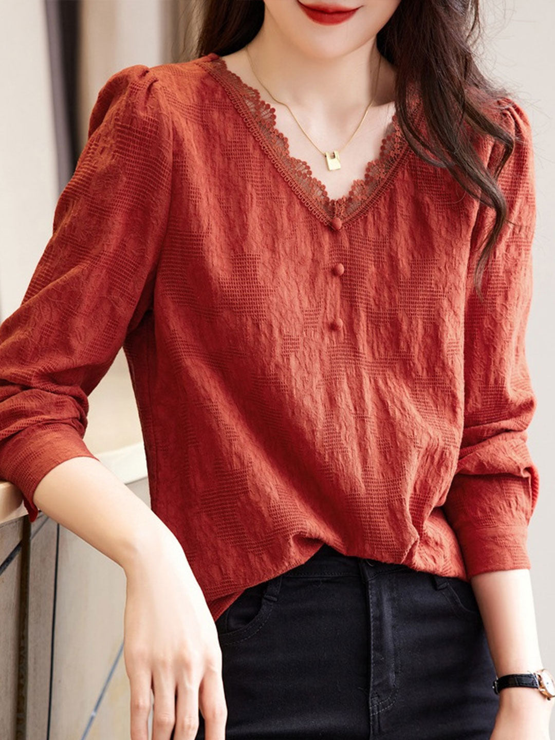 Brianna Retro V-neck Lace Collar shirt