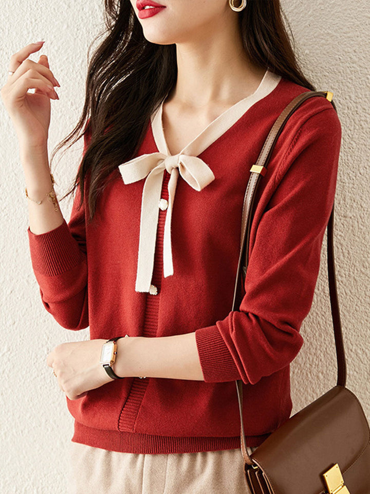 Zoe Elegant Bow Color Blocked Knitted Sweater