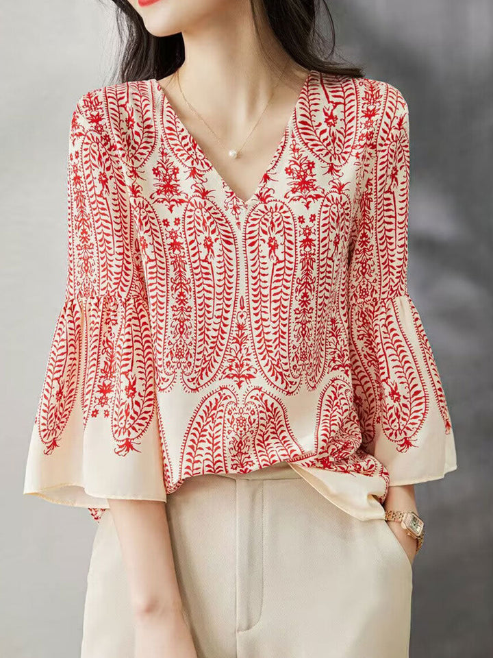 Valeria Casual Flare Sleeve Printed Chiffon Top