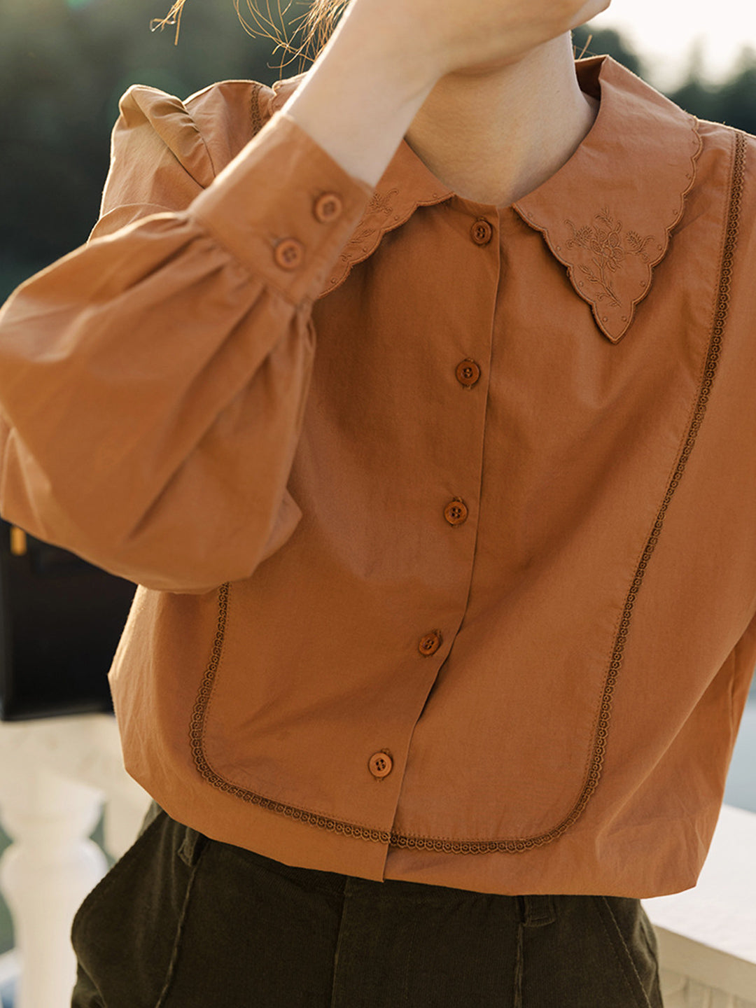 Erica Retro Doll Collar Cotton Blouse-Orange