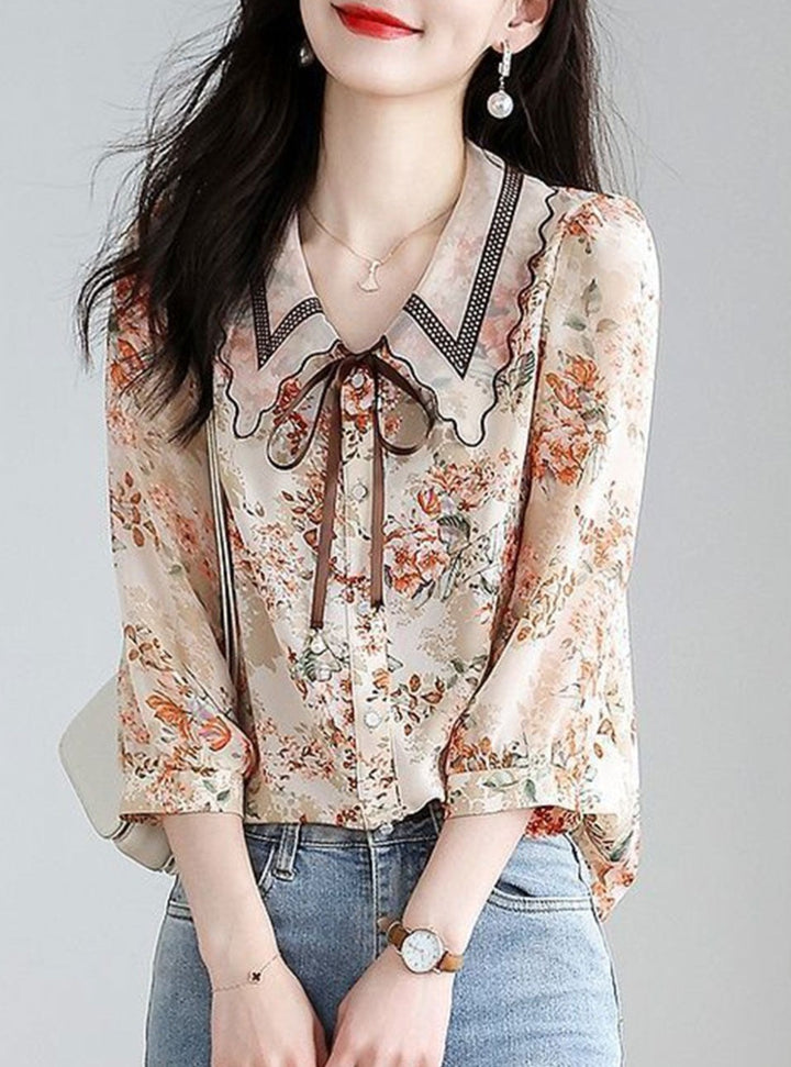 Rachel Classic Printed Floral Chiffon Shirt-Pink